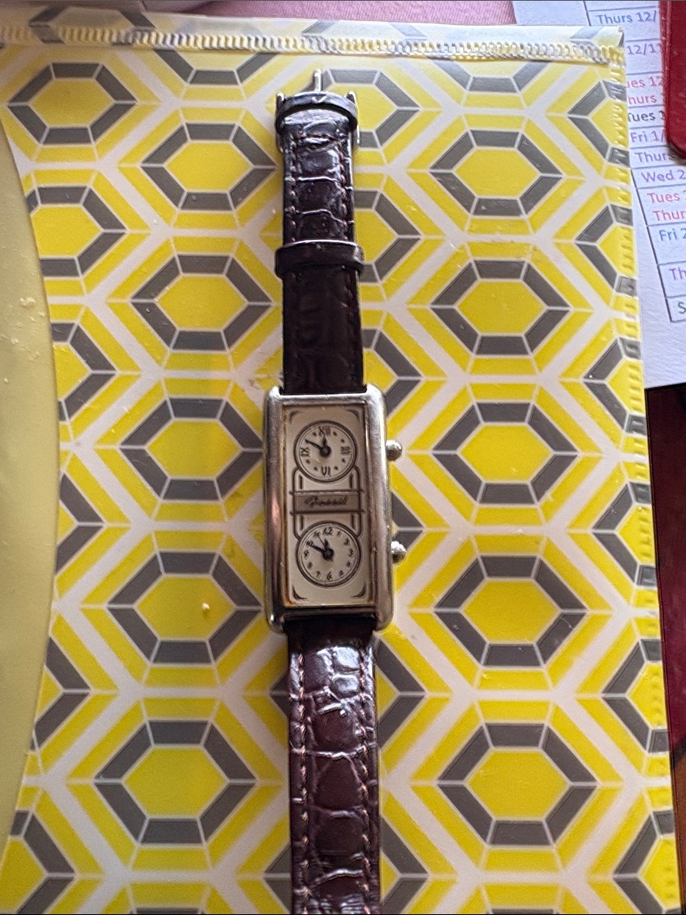 Classic Dual-Time Rectangle Silver Watch with Brown Leather Strap